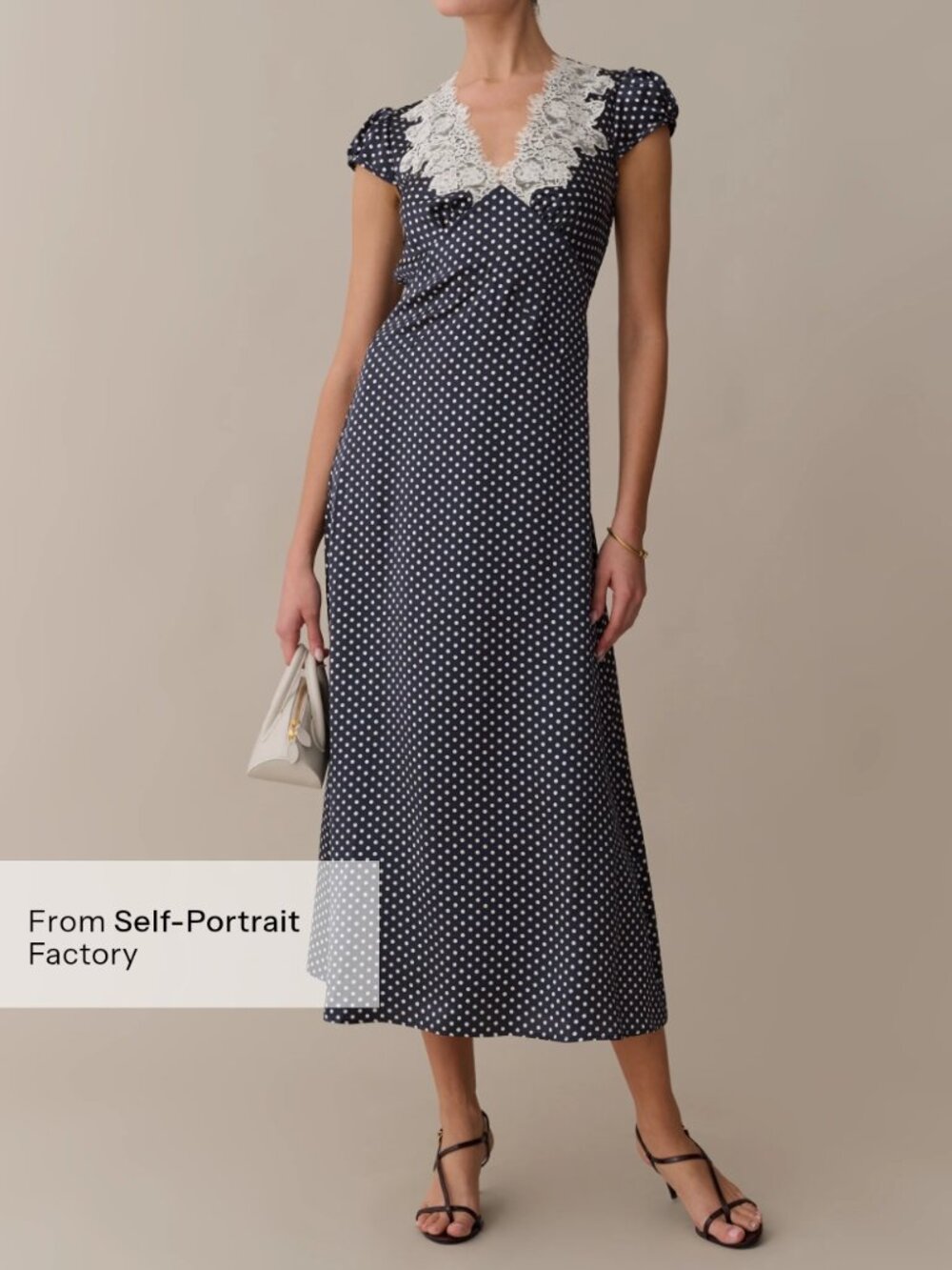 NWT Few Moda Kasey Silk Midi Dress Midnight Polka Dot Navy Size 6 Lace Trim